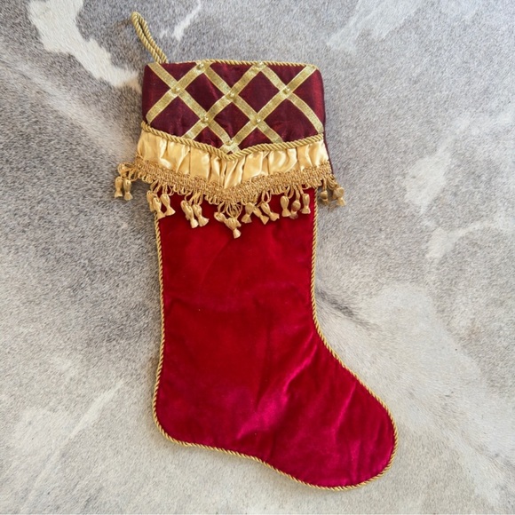 Burgundy Red Velvet & Gold Tassel Trim Christmas Stocking - Maximalist Decor - Picture 1 of 10
